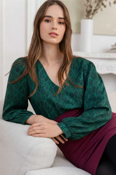 WiDDA WiDDA Damen vegan Bluse Lubo Mit Blattdruck Petrol