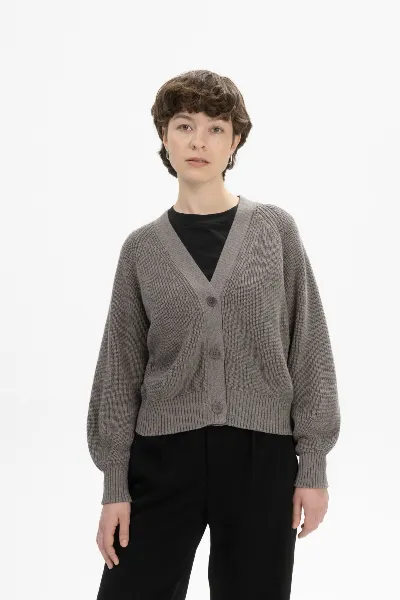 MELA MELA Damen vegan Strickjacke Rippe Bhuma Bär Melange