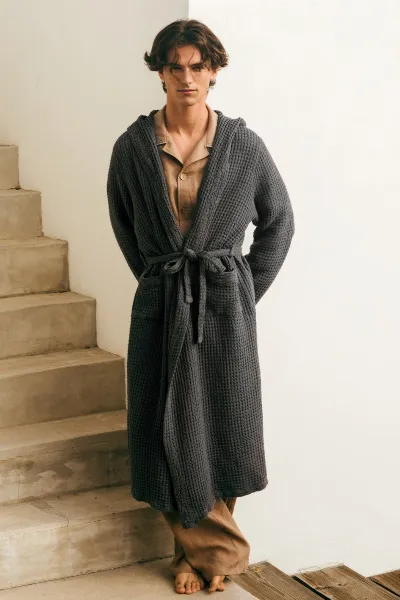 AmourLinen AmourLinen Herren vegan Bademantel Waffel Holzkohle