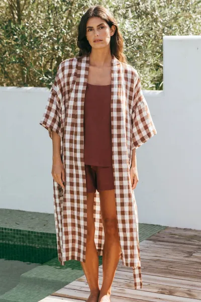 AmourLinen AmourLinen Damen vegan Bademantel Midnight Mocha Gingham