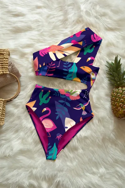 Averie Averie Damen vegan Badeanzug Cut-Out One-Piece Rayne Tropical Wildlife On Deep Purple
