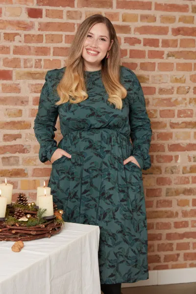 WiDDA WiDDA Damen vegan Kleid Garbo Grün Blätter Muster Petrol