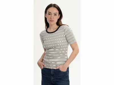 MELA MELA Bio-Damen-Ripp-T-Shirt JASLEEN mit Rundhalsausschnitt, dusty green gestreift,