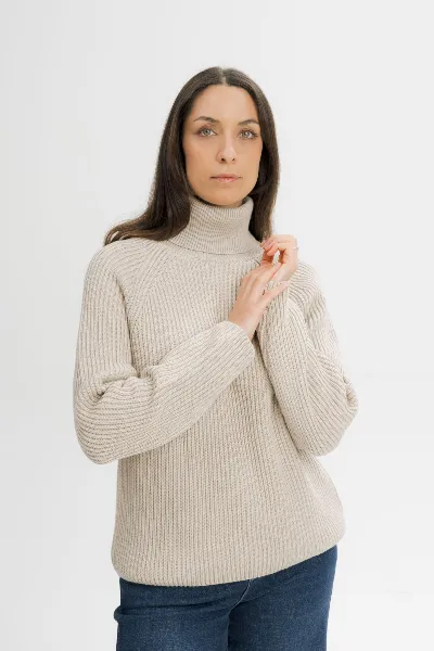MELA MELA Damen vegan Strickpullover Mit Rippenmuster Und Rollkragen Chirha Pebble Melange