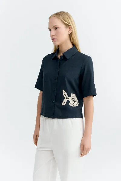 thinking mu Thinking MU Damen vegan Bluse Ane Handbestickt Navy