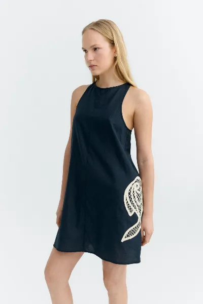 thinking mu Thinking MU Damen vegan Kurzes Kleid Aniela Handbestickt Navy