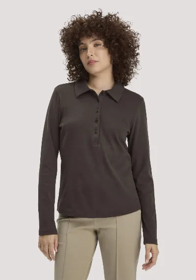 hessnatur hessnatur Damen Longsleeve Polo Slim aus Bio-Baumwolle - braun