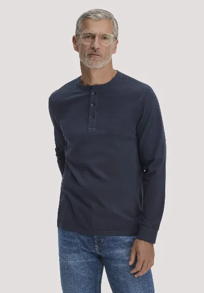 hessnatur hessnatur Herren Henley Longsleeve Relaxed aus Bio-Baumwolle - blau