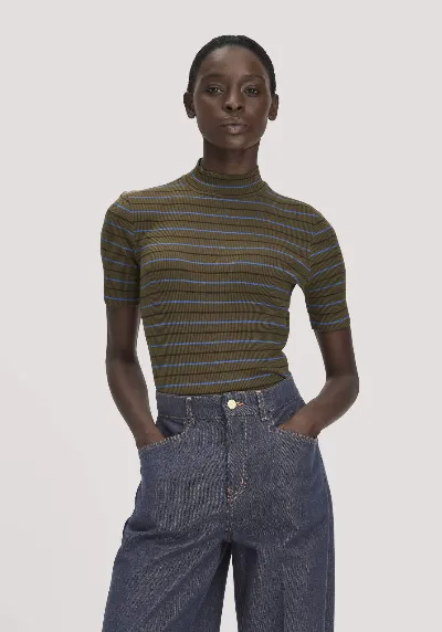 hessnatur hessnatur Damen Slubrib Streifen T-Shirt Slim aus Bio-Baumwolle - grün