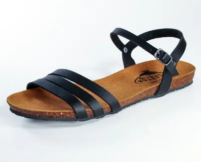 Plakton Plakton Vegane Damen flache Sandale MAM ALOU mit Korksohle und einstellbarer Schnalle (schwarz)