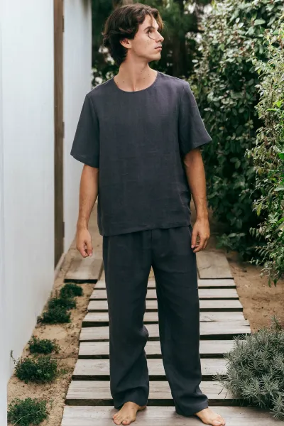 AmourLinen AmourLinen Herren vegan Set Pyjama Kurzarm Leo Anthrazit