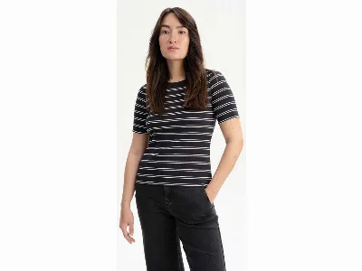 MELA MELA Bio-Damen-Ripp-T-Shirt JASLEEN mit Rundhalsausschnitt, schwarz/weiß,