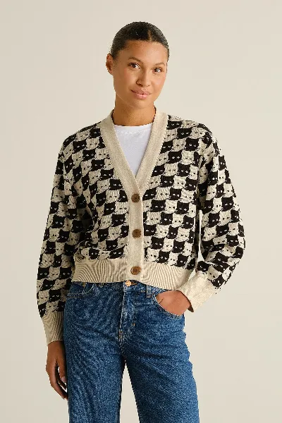 dedicated Cardigan Kanan Pepita Cats Oat White Off White