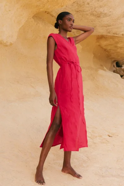 AmourLinen AmourLinen Damen vegan Kleid Mittellang Aurora Viva Magenta