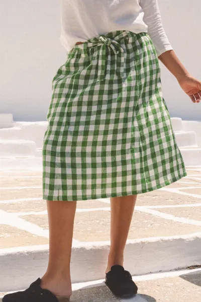 AmourLinen AmourLinen Damen vegan Rock Mittellang Bergen Grün Gingham