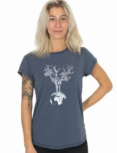 Life-Tree Life-Tree Shirt aus Biobaumwolle Fairwear für Damen Weltenbaum in Washed Green/Washed Blue