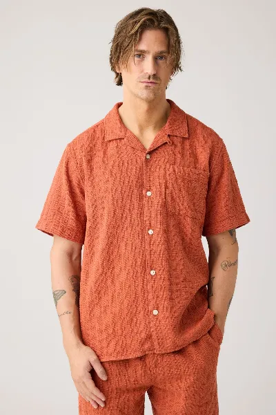 KnowledgeCotton Apparel Hemd Structure Short Sleeve Orange