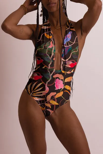 Averie Averie Damen vegan Badeanzug Halter One-Piece Antonella Botanical Print On Black
