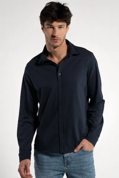 GORG GORG Herren vegan Hemd Piqué Langarm Navy