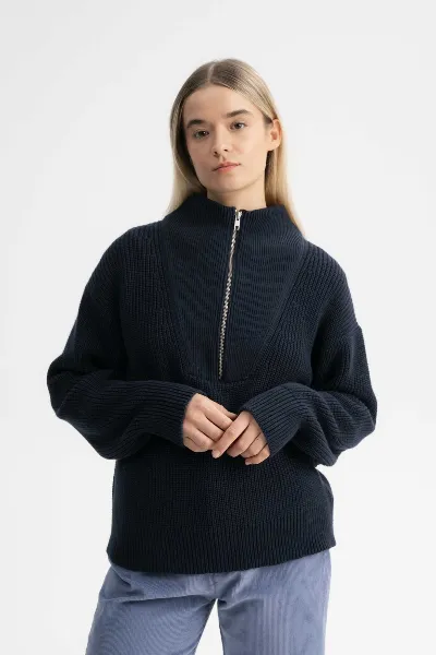 MELA MELA Damen vegan Troyer Rippenstrick Kimaya Marineblau