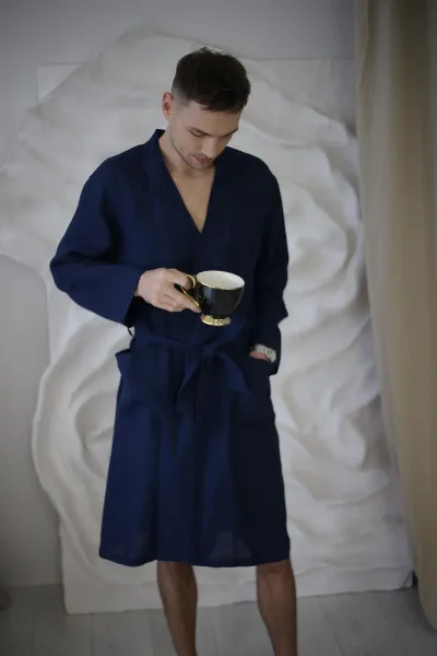 Amber Linen Amber Linen Herren vegan Bademantel Marineblau