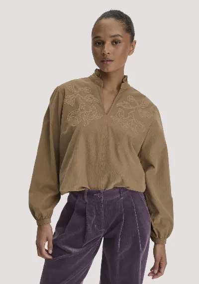 hessnatur hessnatur Damen Cordbluse mit Stickerei Relaxed aus Bio-Baumwolle - braun