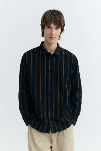 thinking mu Thinking MU Herren vegan Hemd Oversize Seersucker Haru Gestreift Blau