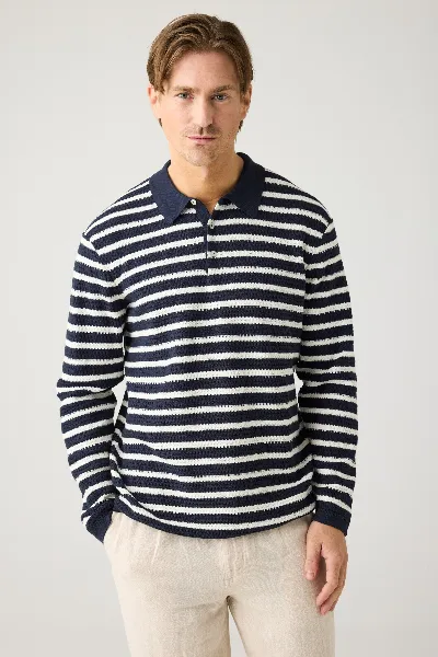 KnowledgeCotton Apparel KnowledgeCotton Apparel Herren vegan Gestricktes Poloshirt Mit Langen Ã„rmeln Und Streifen Navy