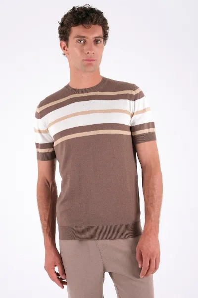 ORGANICATION ORGANICATION Herren vegan T-Shirt With Stripes Fine Knit Deep Taupe, Beige & Off White