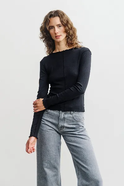 Rotholz Rotholz Damen vegan Schwarzes Langarmshirt Mit Biesen
