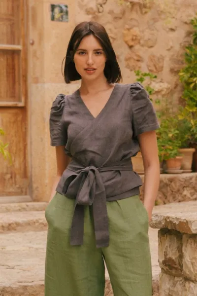 AmourLinen AmourLinen Damen vegan Wickeltop Elisa Holzkohle