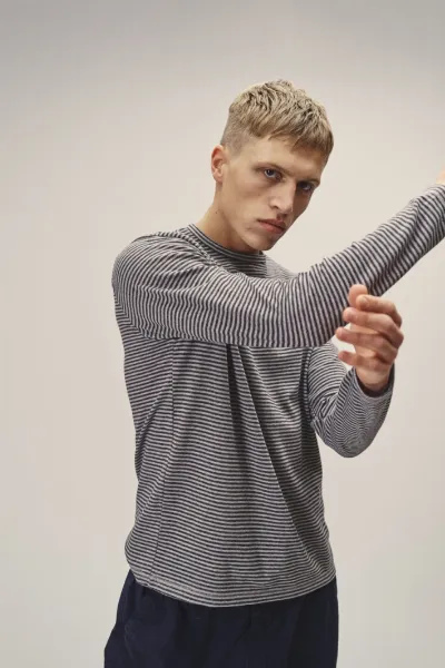 WOTE WOTE Herren vegan Langarmshirt Gestreift Dunkelblau Grau