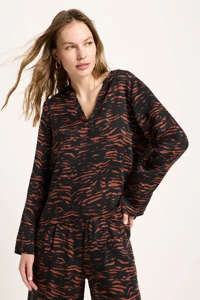 Lanius Bluse Tencel Animal Stripes Braun
