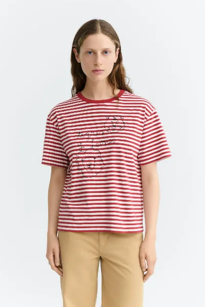 thinking mu Thinking MU Damen vegan T-Shirt Lucia Bestickte Tiger Und Löwen Rote Streifen