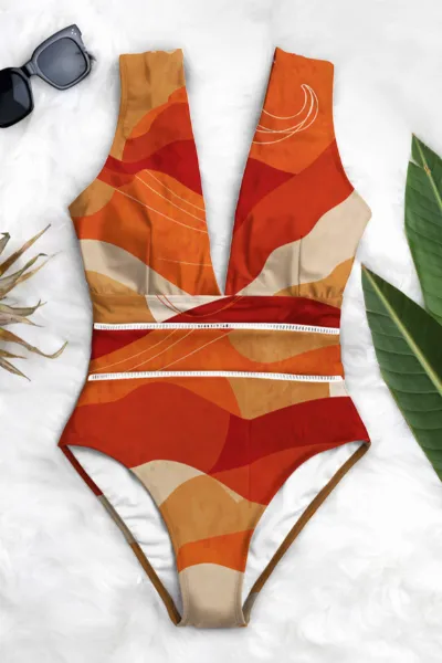 Averie Averie Damen vegan Badeanzug Deep Plunge One Piece Maron Red Moon Print