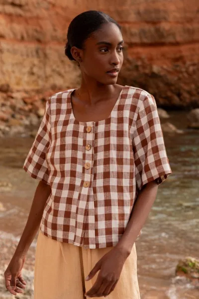 AmourLinen AmourLinen Damen vegan Top Maeve Mocha Gingham