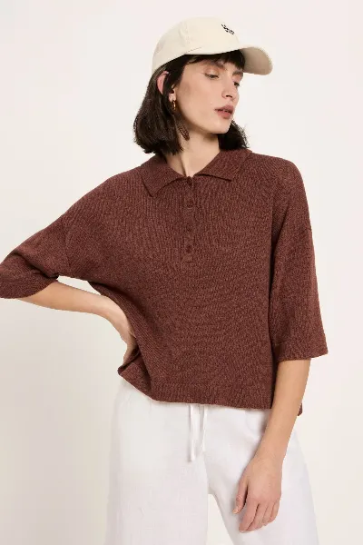 Lanius Pullover Polo Halbarm Braun