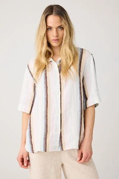 KnowledgeCotton Apparel KnowledgeCotton Apparel Damen vegan Shirt Kurzarm Leinen Multicolor Stripe