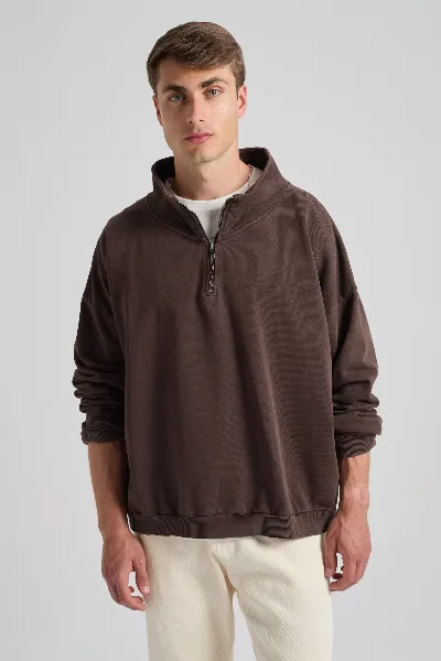 Trendsplant Trendsplant Herren vegan Sweatshirt Axis Super Heavy Mit ViertelreiÃŸverschluss, Farbe â€žcoffee Beanâ€œ