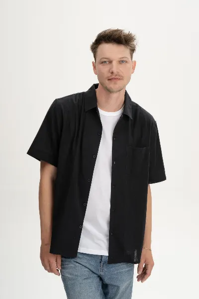 MELA MELA Herren vegan Kurzarmhemd Vivek Charcoal