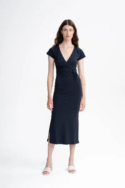 MELA MELA Damen vegan Kleid V-Ausschnitt Shreoshi Marineblau