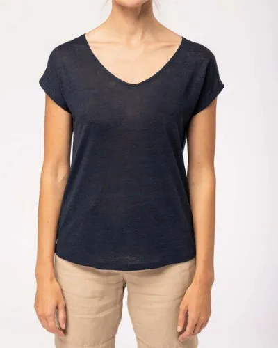 YTWOO YTWOO Damen-T-Shirt aus Leinen mit V-Ausschnitt