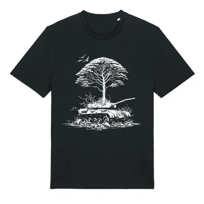 roots of compassion roots of compassion T-Shirt Frieden in der Natur (Panzer & Baum) bio, fair, vegan - weiter Schnitt - peace, Pazifismus, Utopie