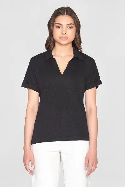 KnowledgeCotton Apparel KnowledgeCotton Apparel Damen vegan Polohemd Mit Geteiltem Ausschnitt Black Jet
