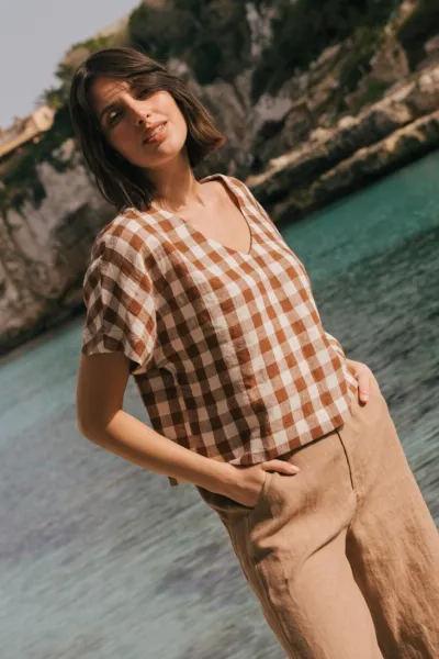 AmourLinen AmourLinen Damen vegan Oberteil Lily Mocha Gingham