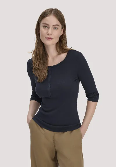 hessnatur hessnatur Damen Softrib Longsleeve Henley Fitted aus Bio-Baumwolle und Tencel™ Modal - blau