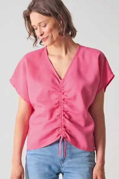 HempAge Hempage Damen vegan Sommerbluse Mit Raffungen In Hibiskus