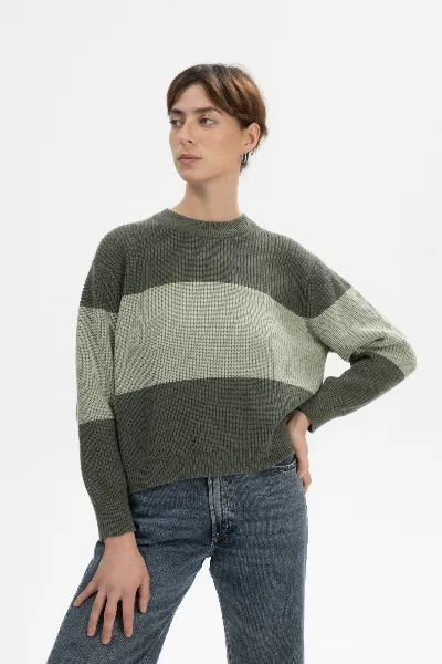 MELA MELA Damen vegan Strickpullover Rib Adah Stripes Grün Melange/Grüner Lehm