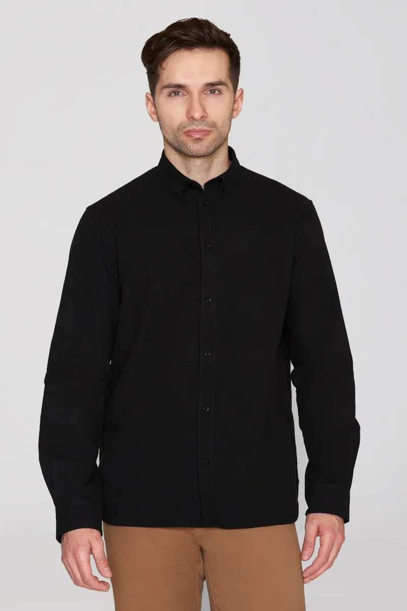KnowledgeCotton Apparel KnowledgeCotton Apparel Herren vegan Hemd Oxford Harald Small Owl Black Jet