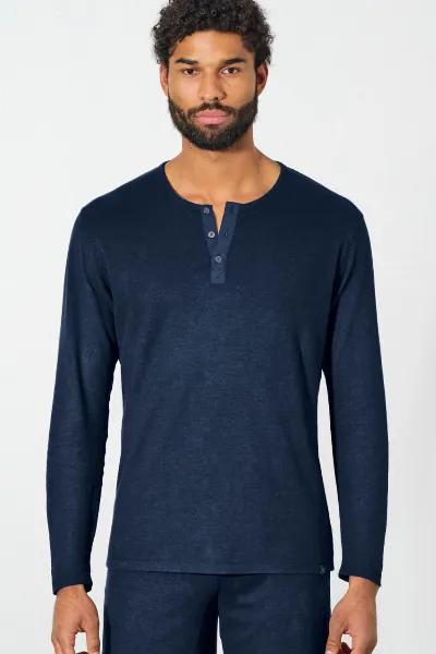 HempAge Hempage Herren vegan Langarm Henley Aus Gebürstetem Stoff Marine